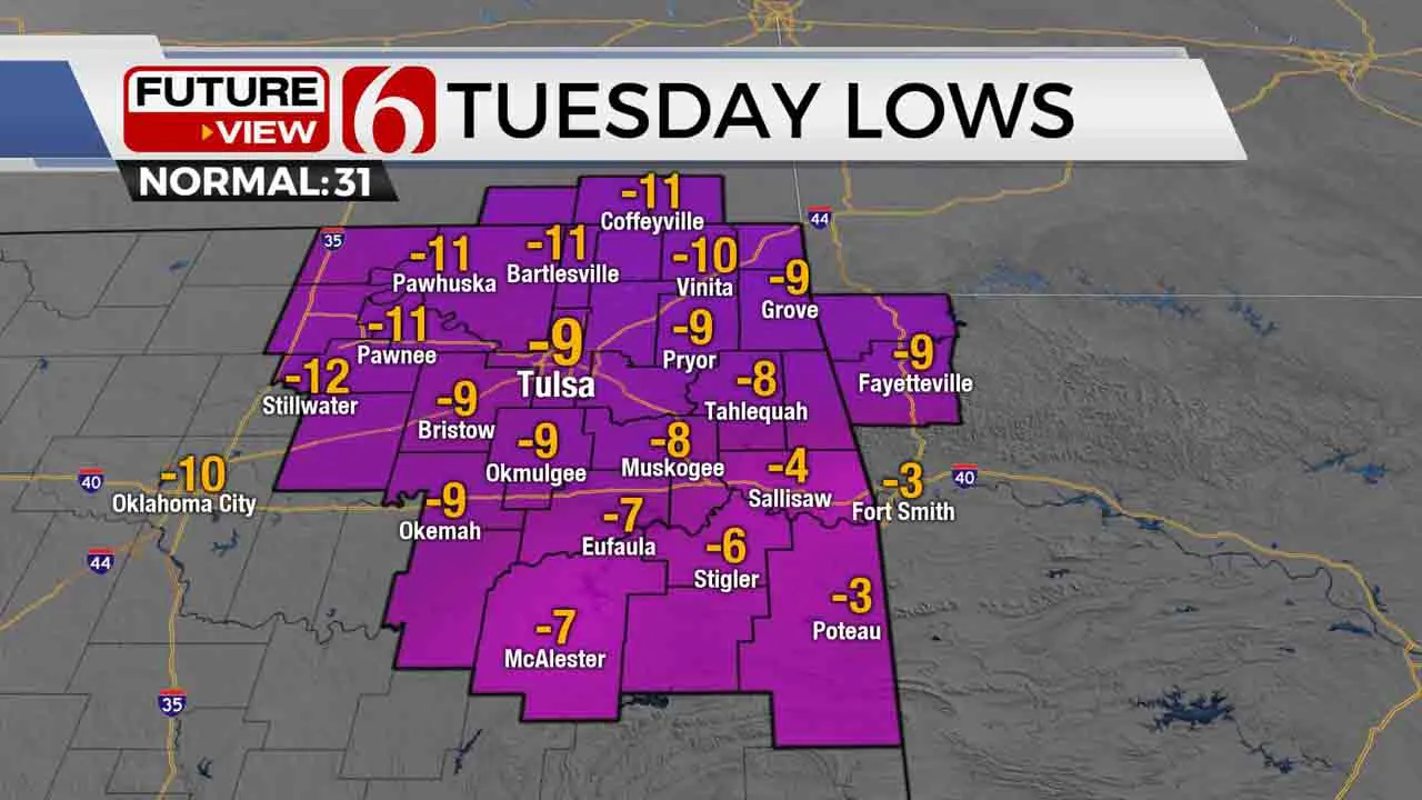 Tuesday, Feb. 16, 2021 forecasted lows. 