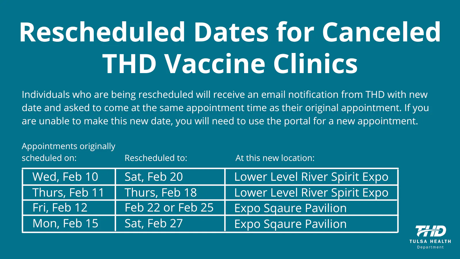 Rescheduled Dates For Canceled THD Vaccine Clinics