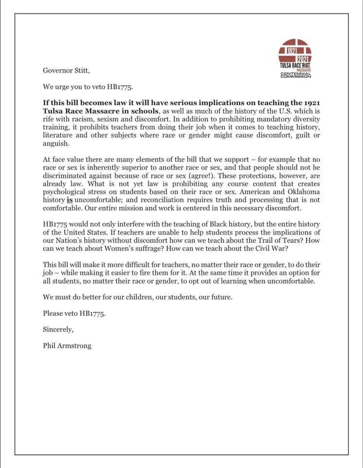 Tulsa Race Massacre Centennial Commission Letter To Gov