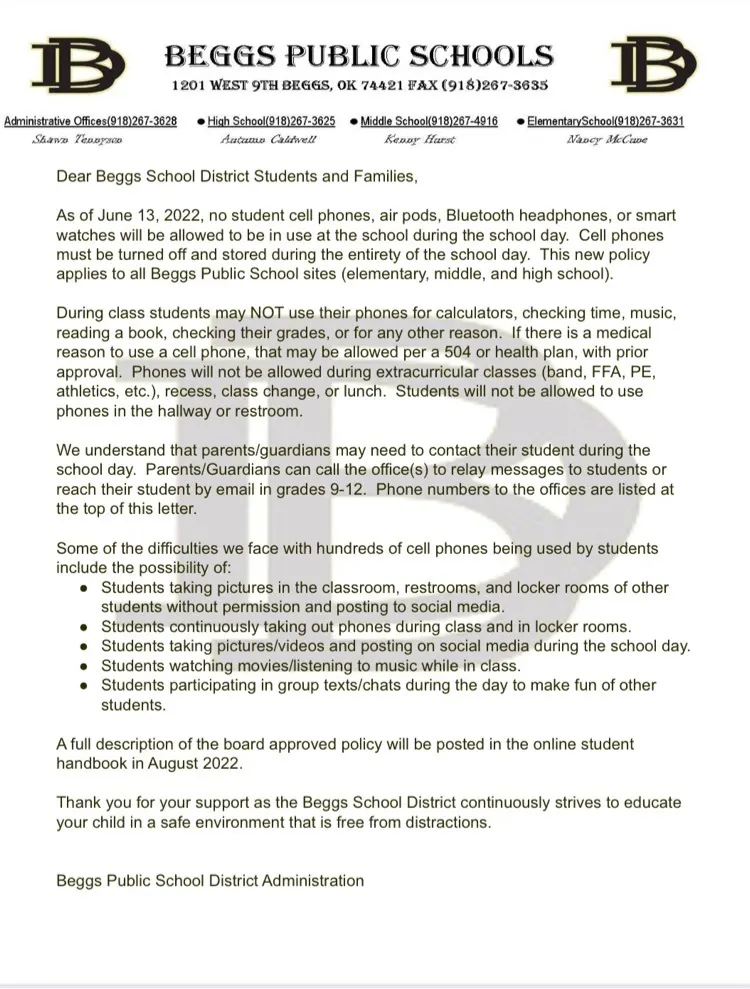 Beggs Public School Letter