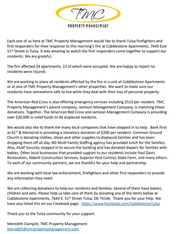Cobblestone Fire Statement