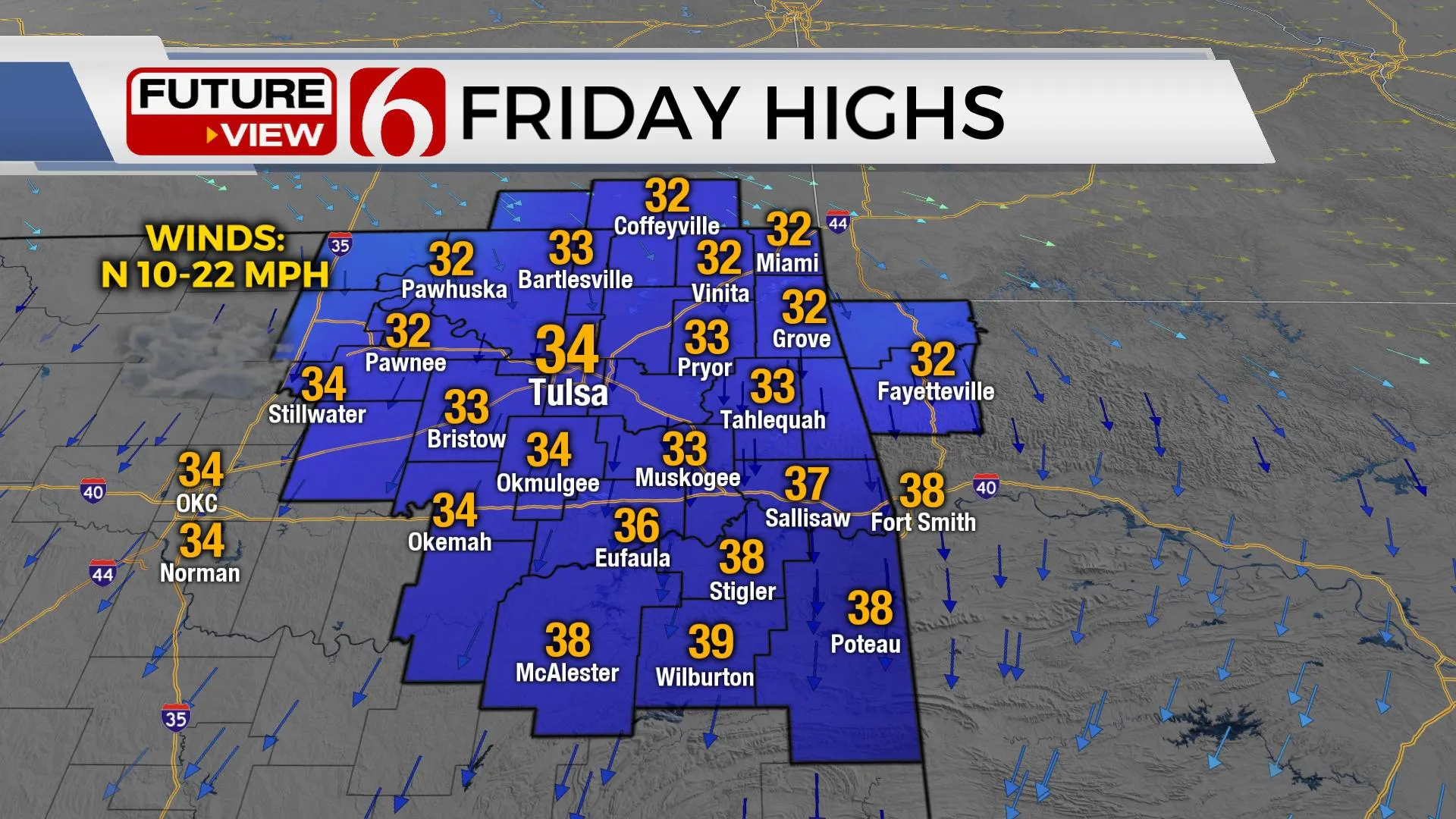 Friday high temps in the Tulsa area.