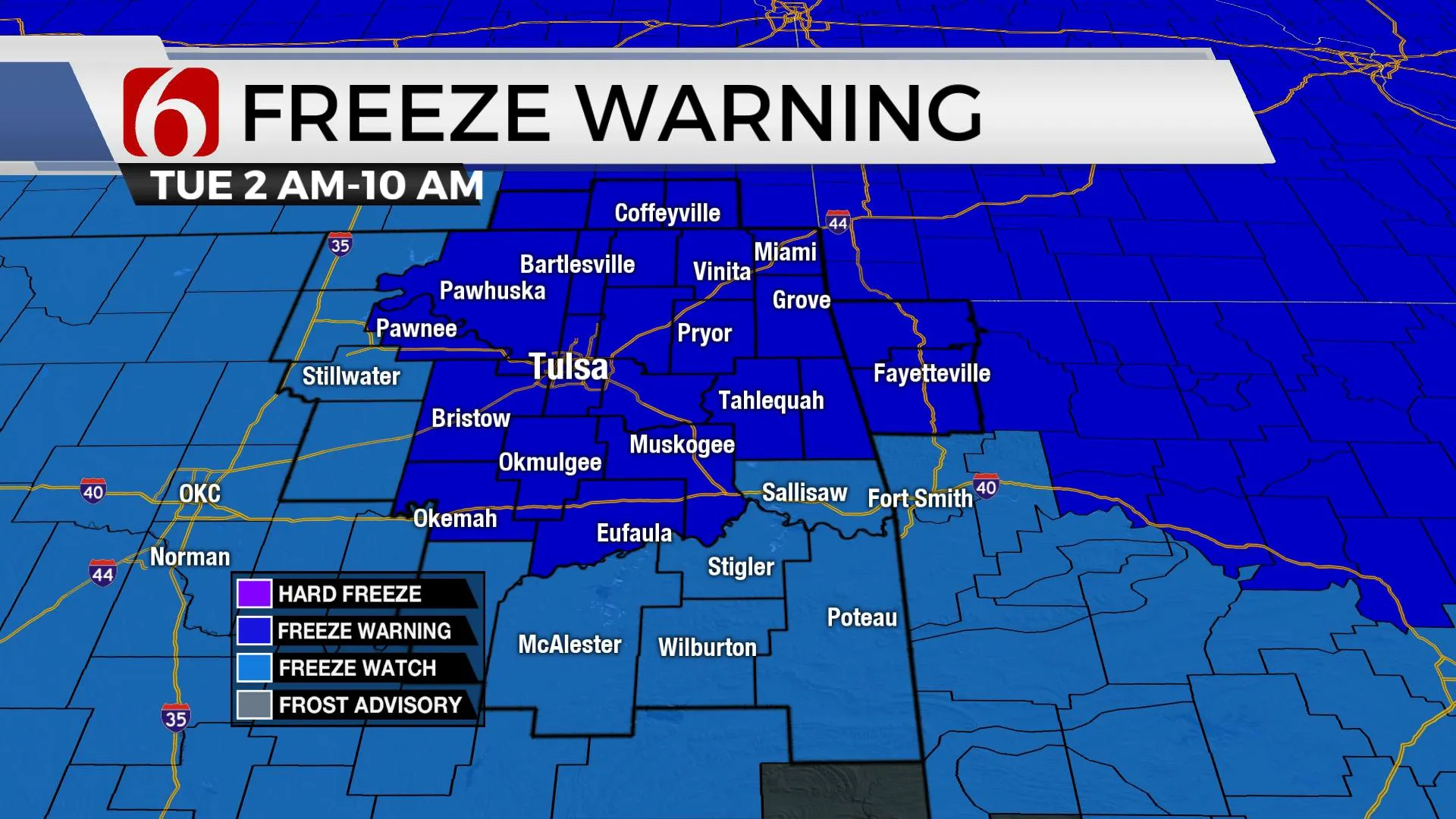 Freeze warning Tuesday morning.