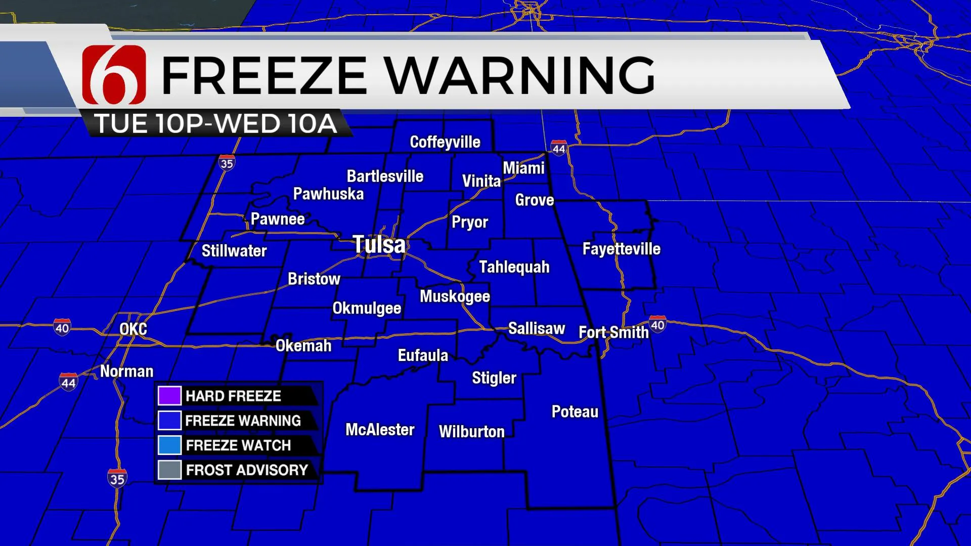 Freeze warning Tuesday night.