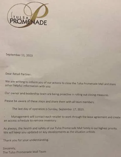 Letter To Promenade Mall Tenants