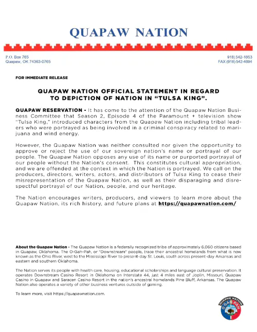 Quapaw Nation Tulsa King Statement