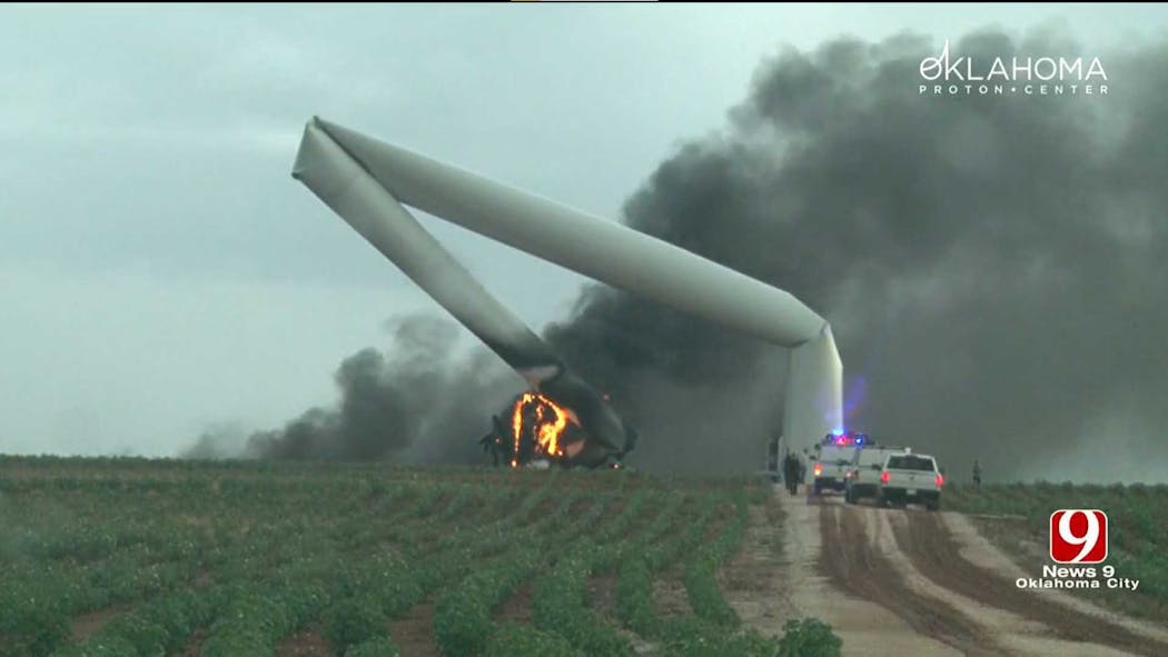 Wind Turbine Catches Fire, Collapses After Storms Move Through