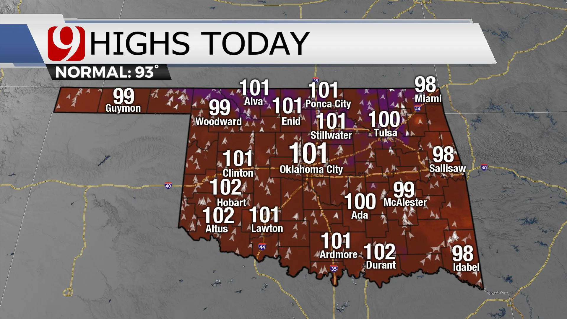 Highs Today in Oklahoma (Aug.15)