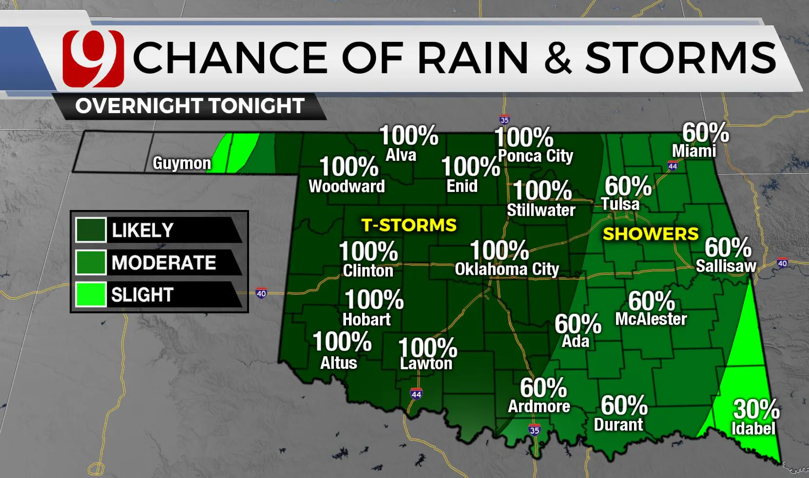 Chances of rain and storms Monday night.