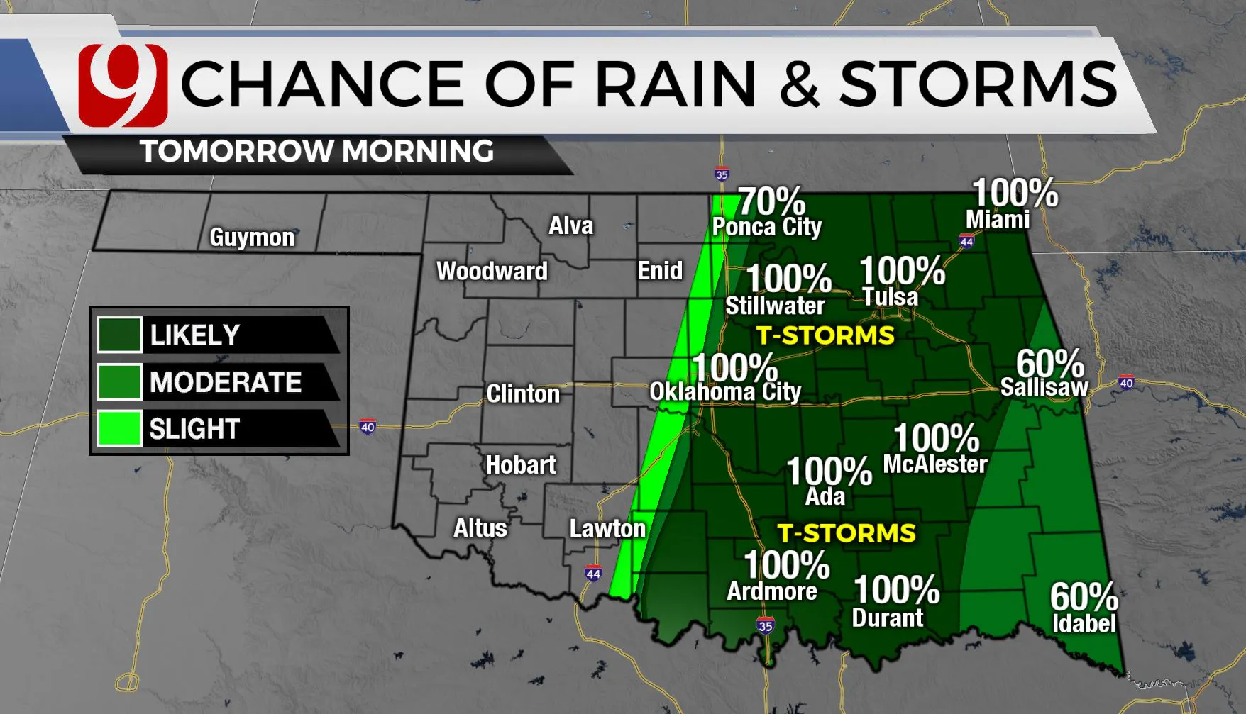 Chances of rain and storms Tuesday morning.