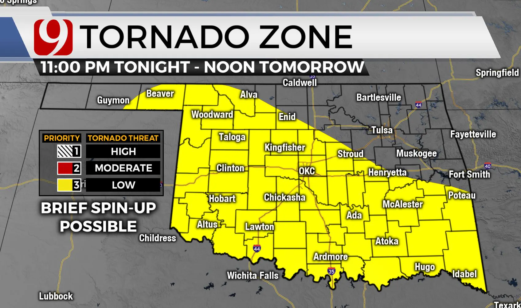 Tornado zone Monday night through Tuesday morning.