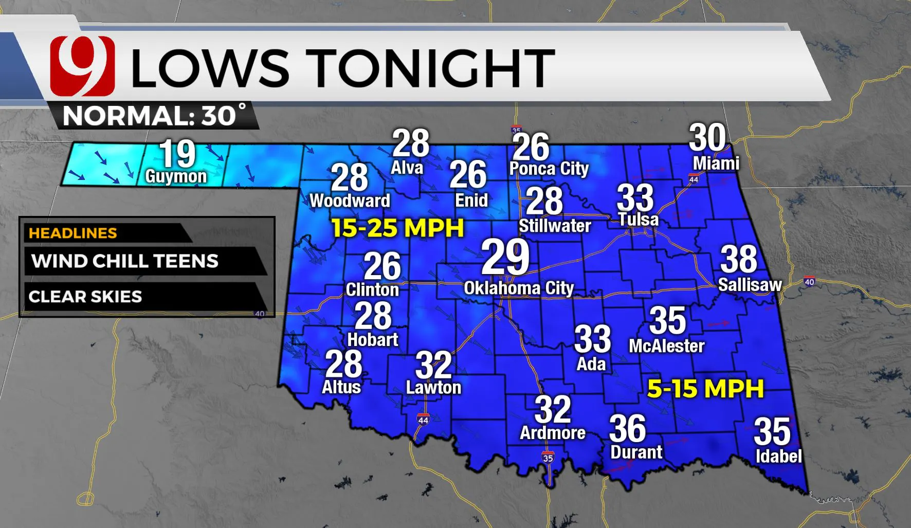 Low temps across the state Wednesday night.