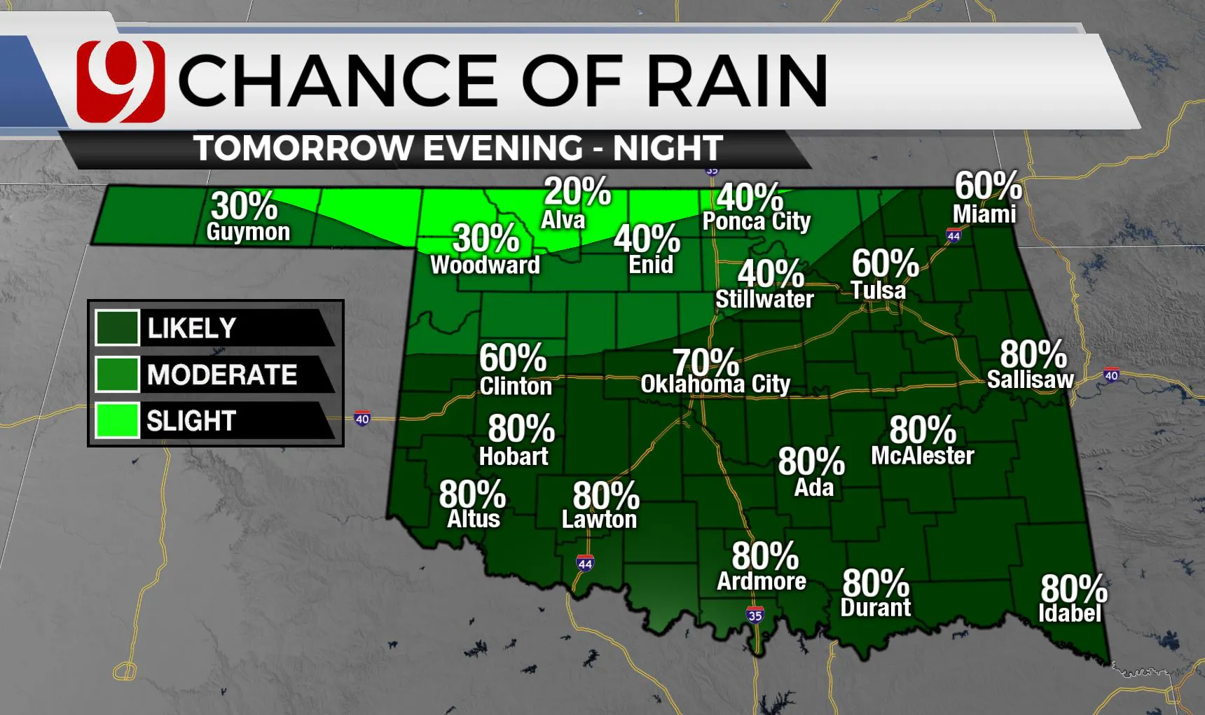 Chances of rain Saturday night.
