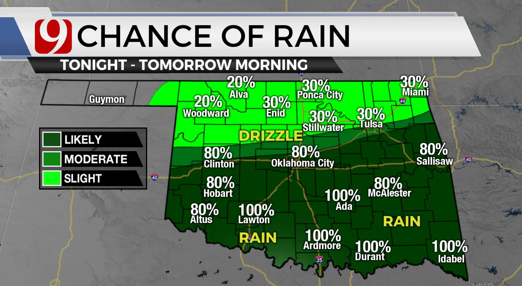 Chances of rain Tuesday to Wednesday morning.