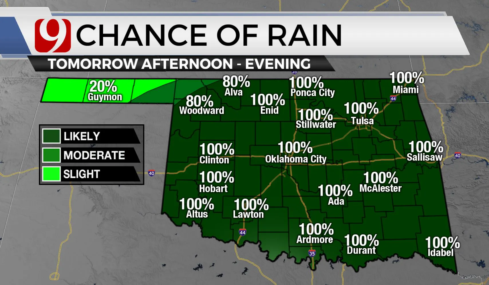 Chances of rain Wednesday afternoon to evening.