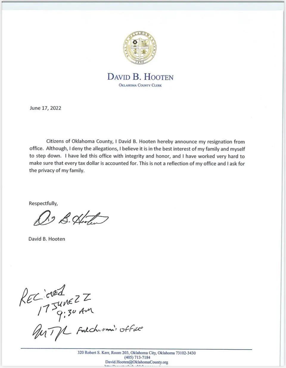 Hooten Resignation Letter