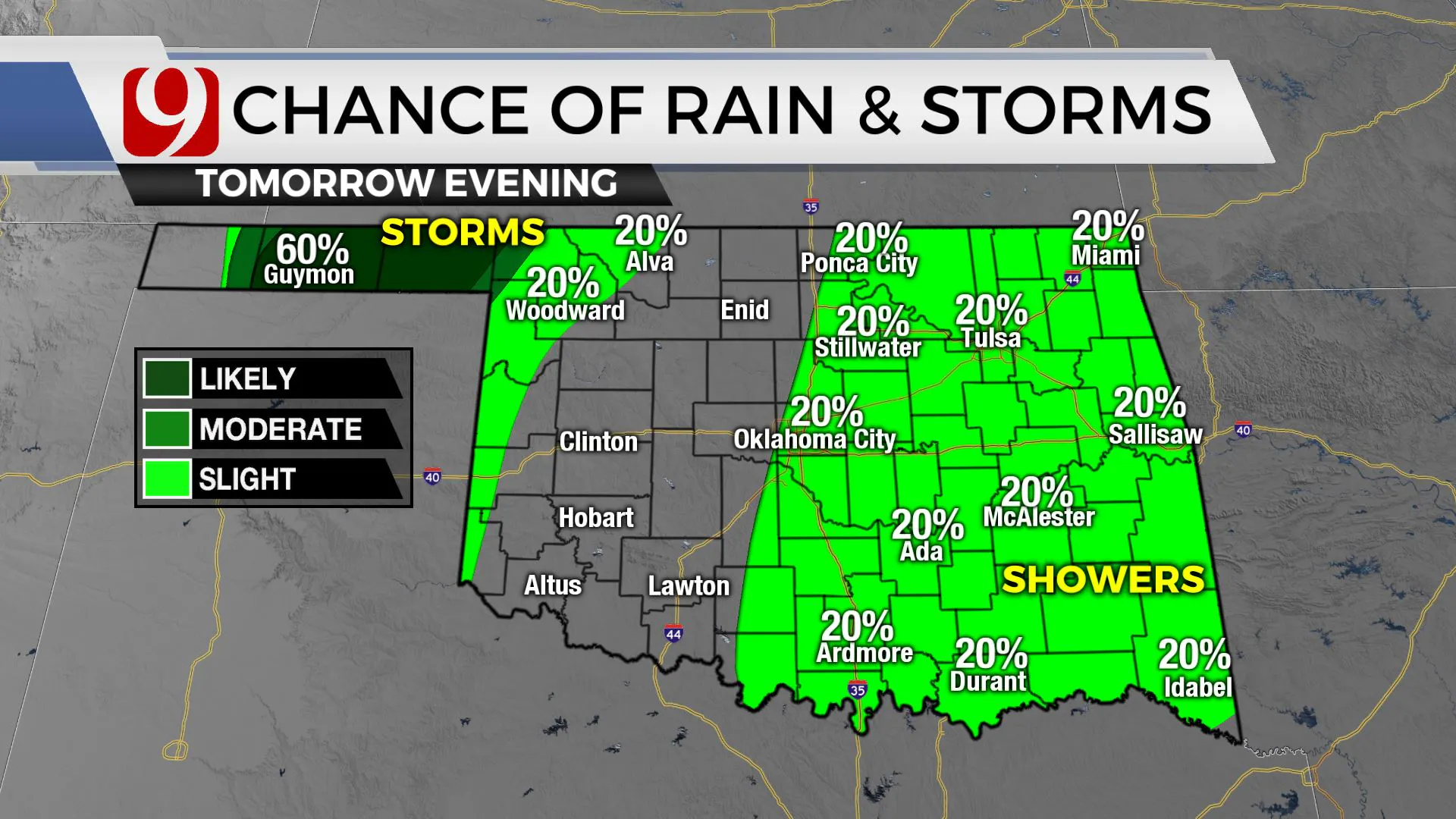 Chances of rain and storms Thursday night.