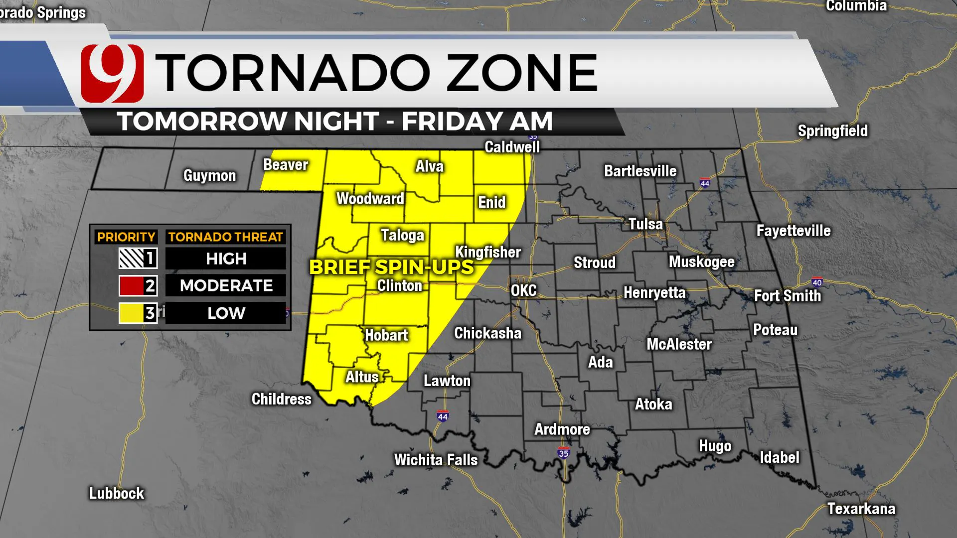 Tornado zone Thursday night through Friday morning.