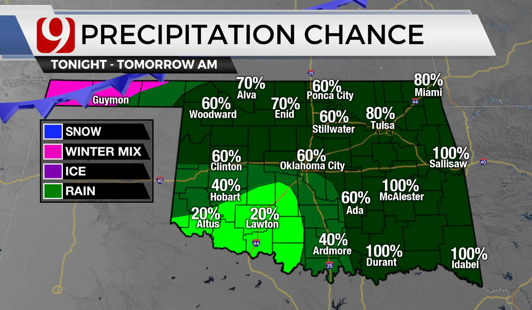Chances of rain tonight through Thursday morning.