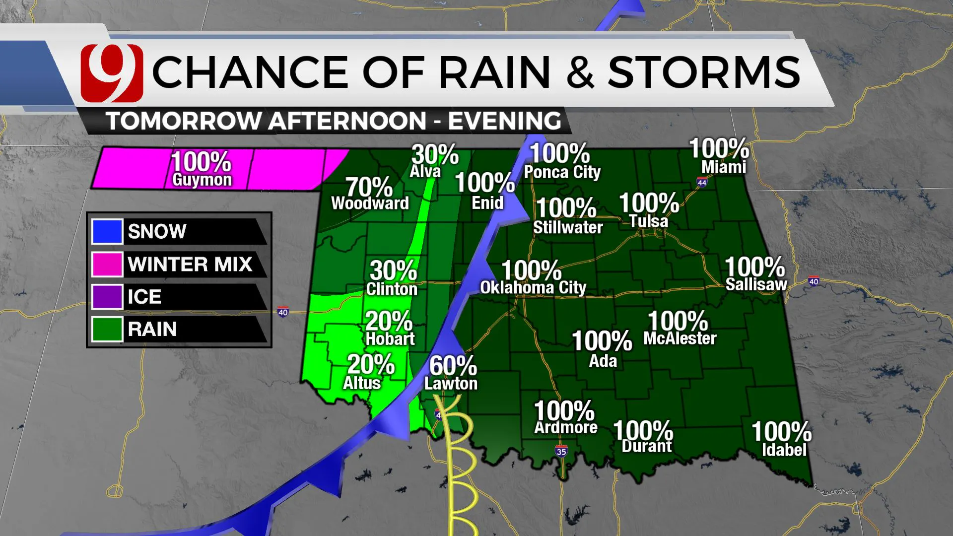 Chances of rain and storms Friday night.