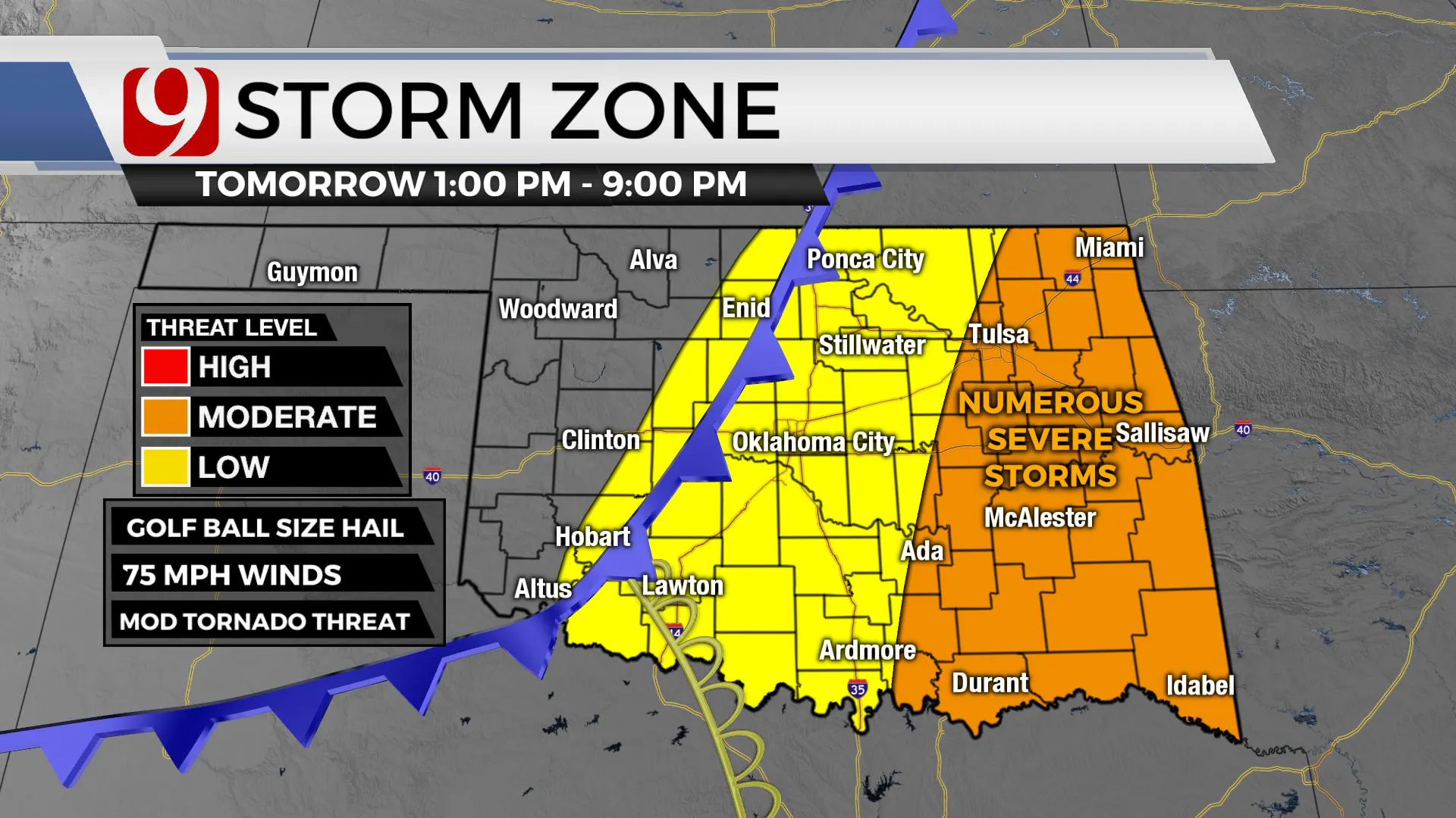 Storm zone Friday afternoon and evening.