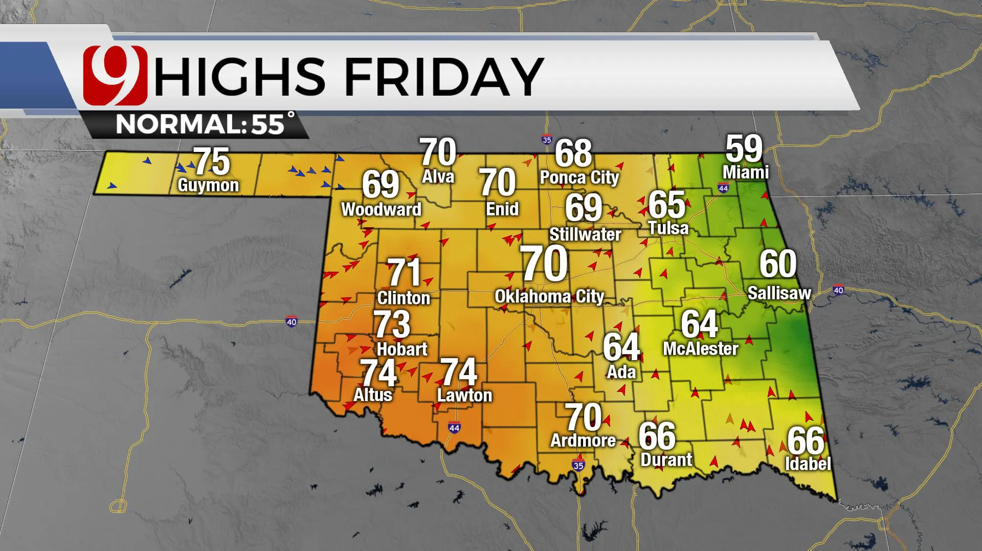 Highs on Friday across the state.