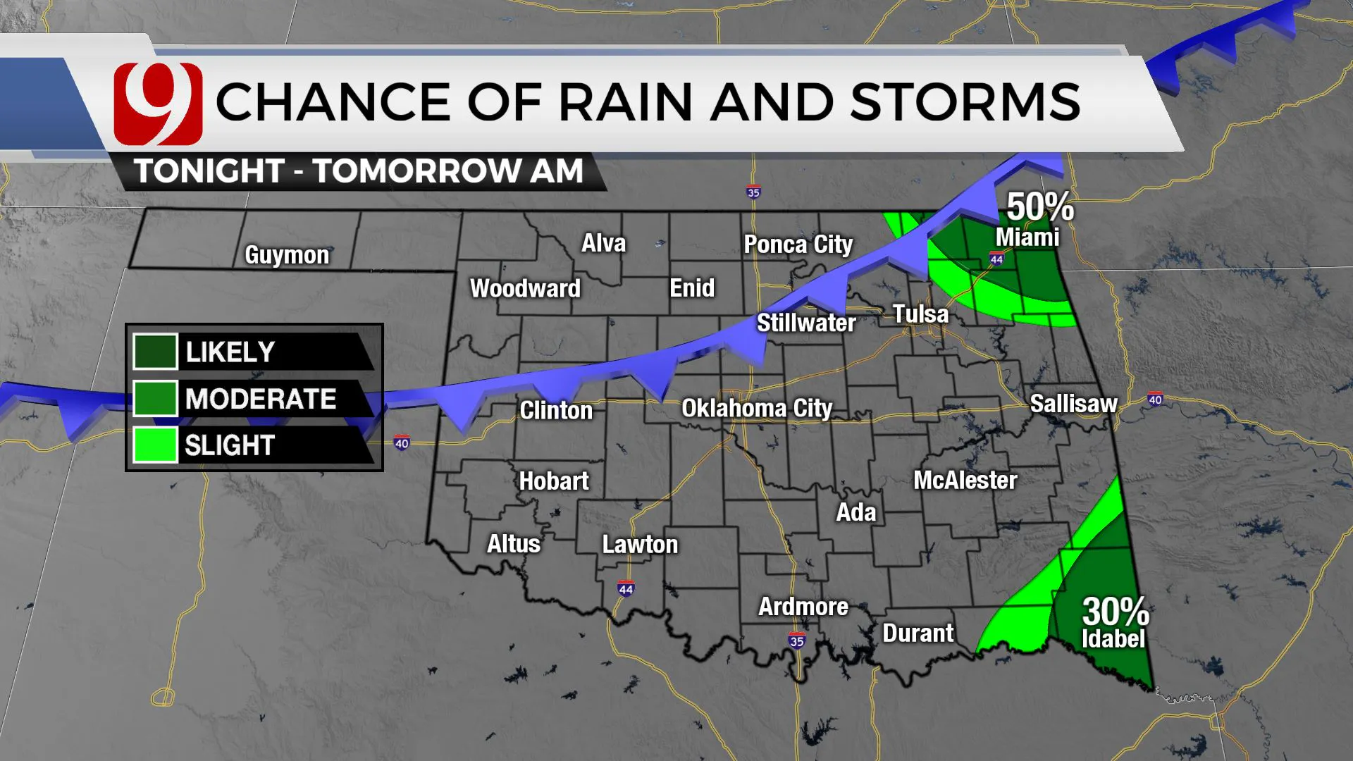 Chances of rain and storms tonight and tomorrow morning.