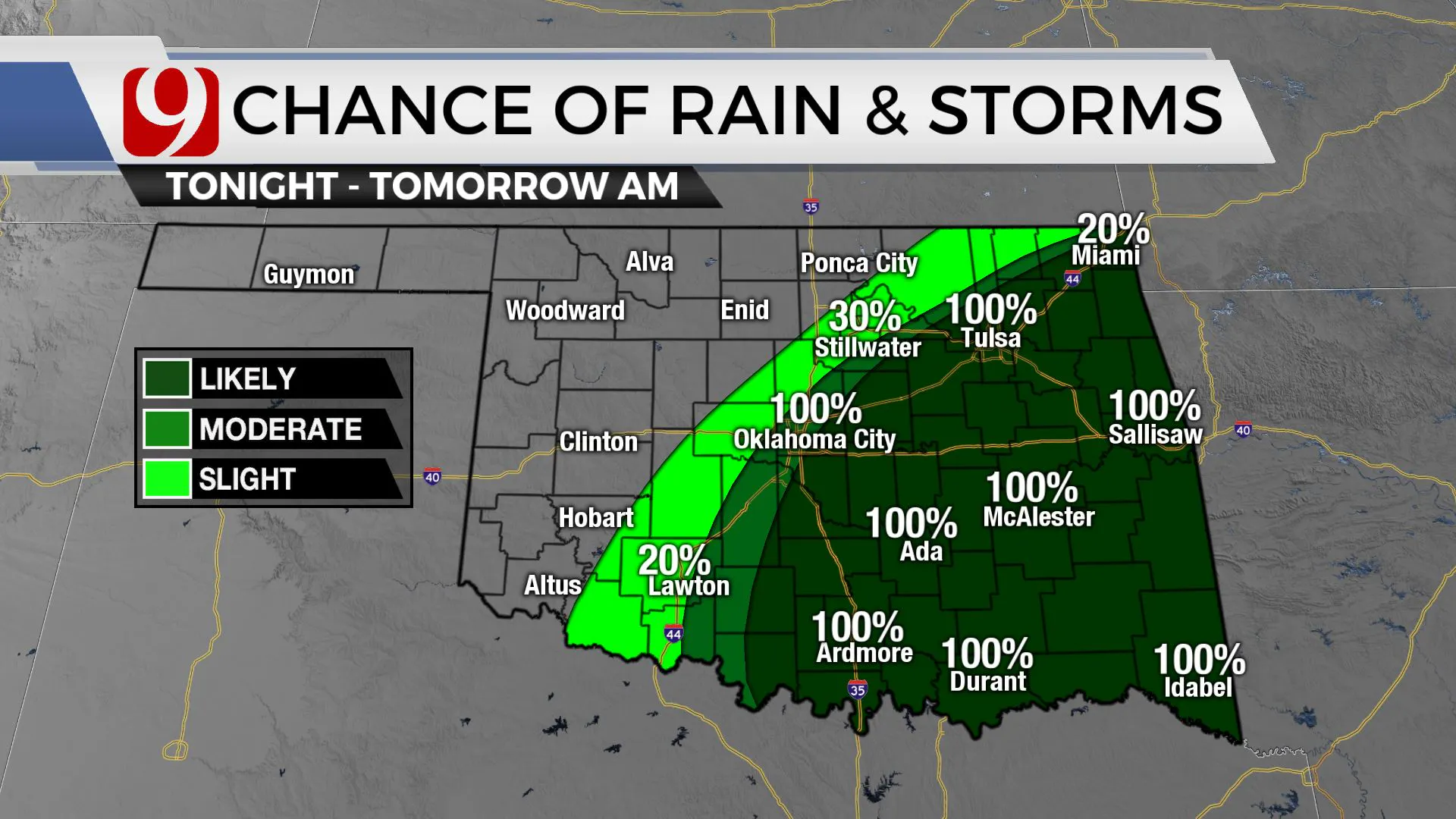 Chances of rain and storms tonight through Saturday morning.