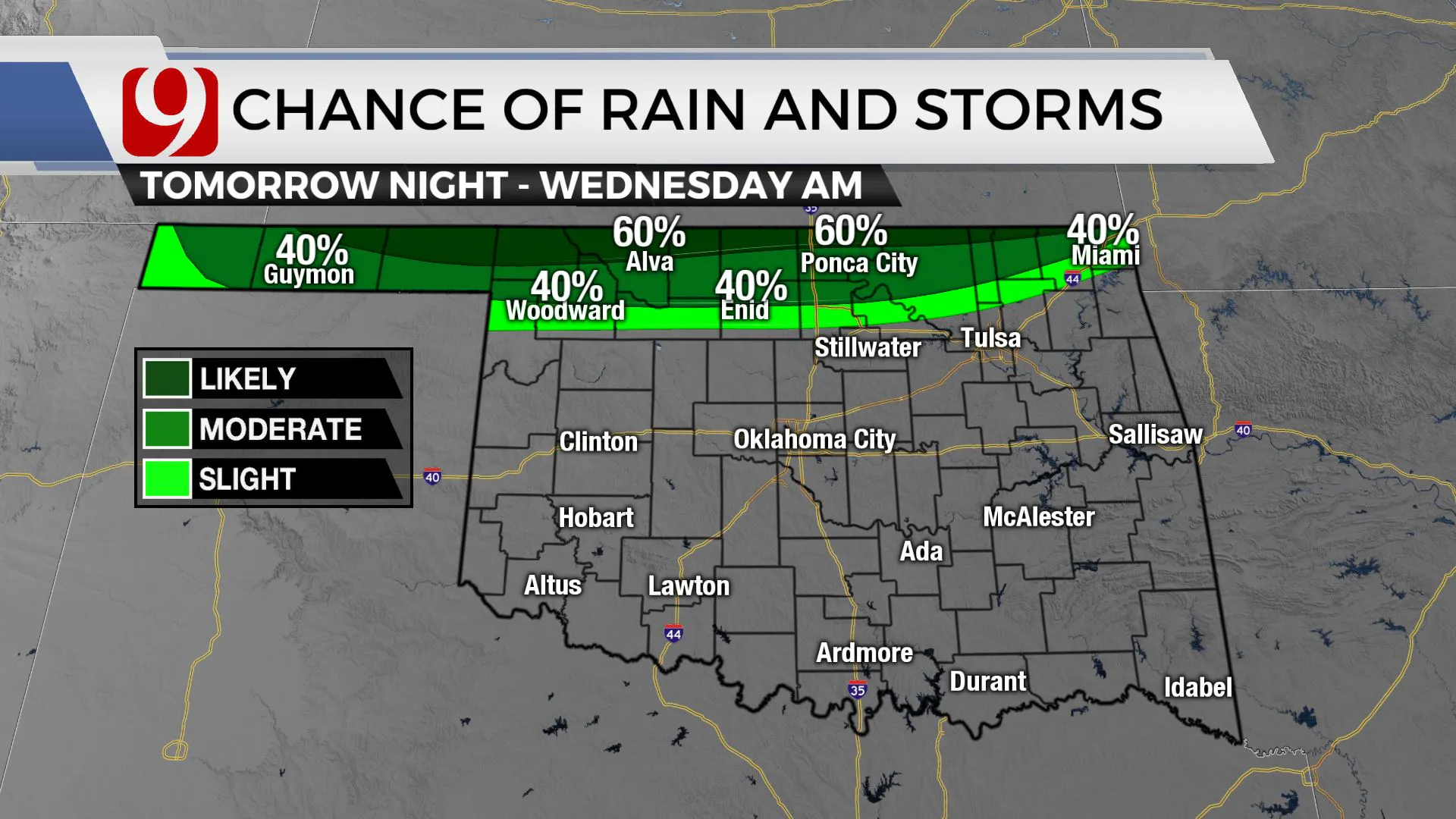 Chances of rain Tuesday night and Wednesday morning.