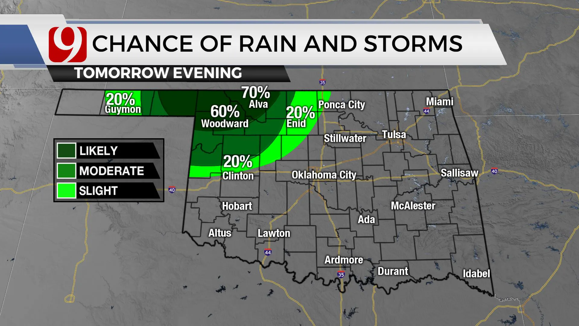 Chances of rain and storms tomorrow evening.