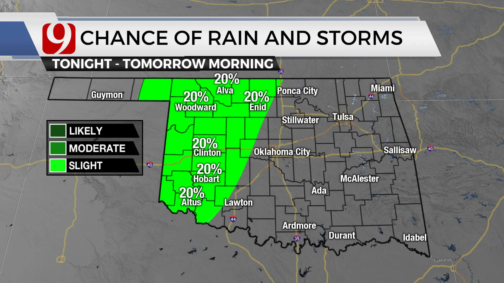 Chances of rain and storms tonight and tomorrow.