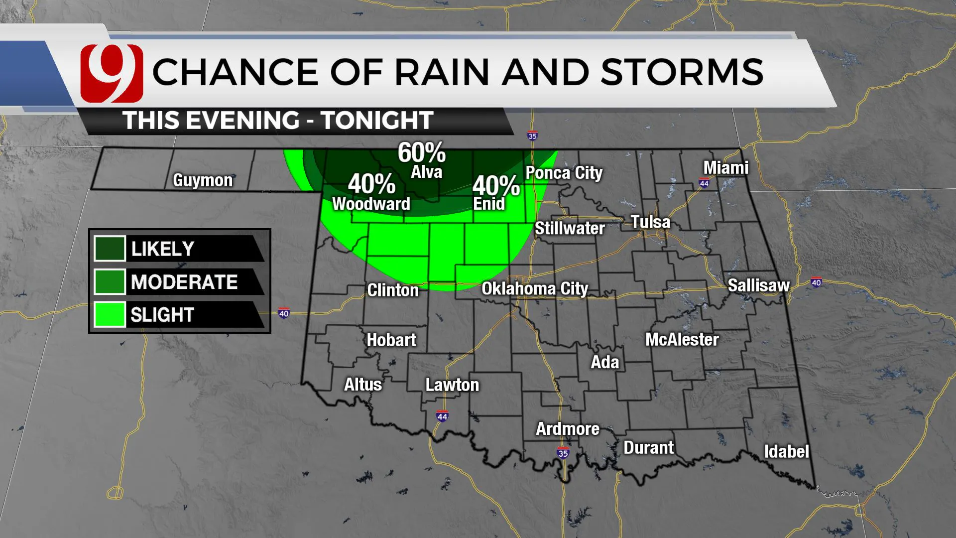 Chances of rain and storms this evening.
