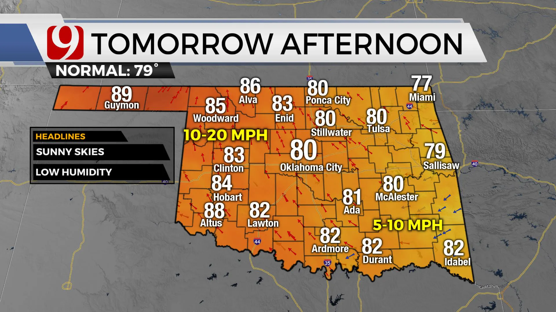 Temps across the state tomorrow afternoon.