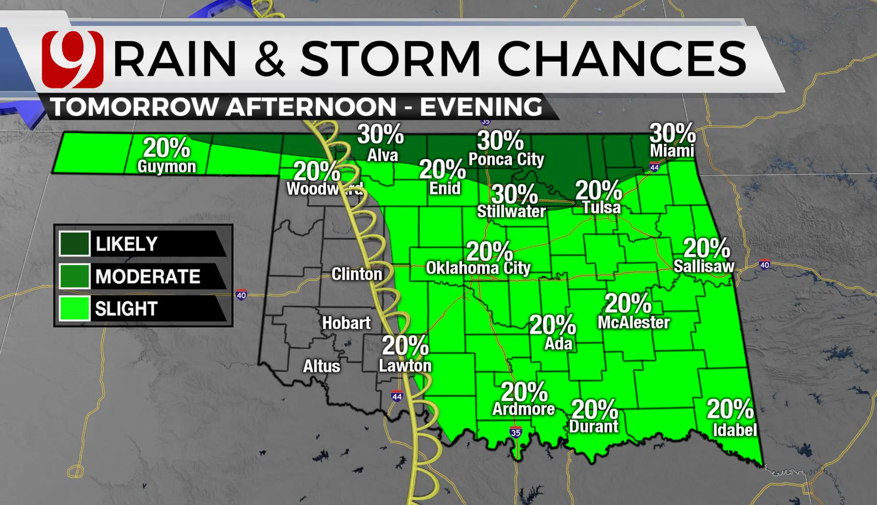 Rain and storm chances Friday afternoon.