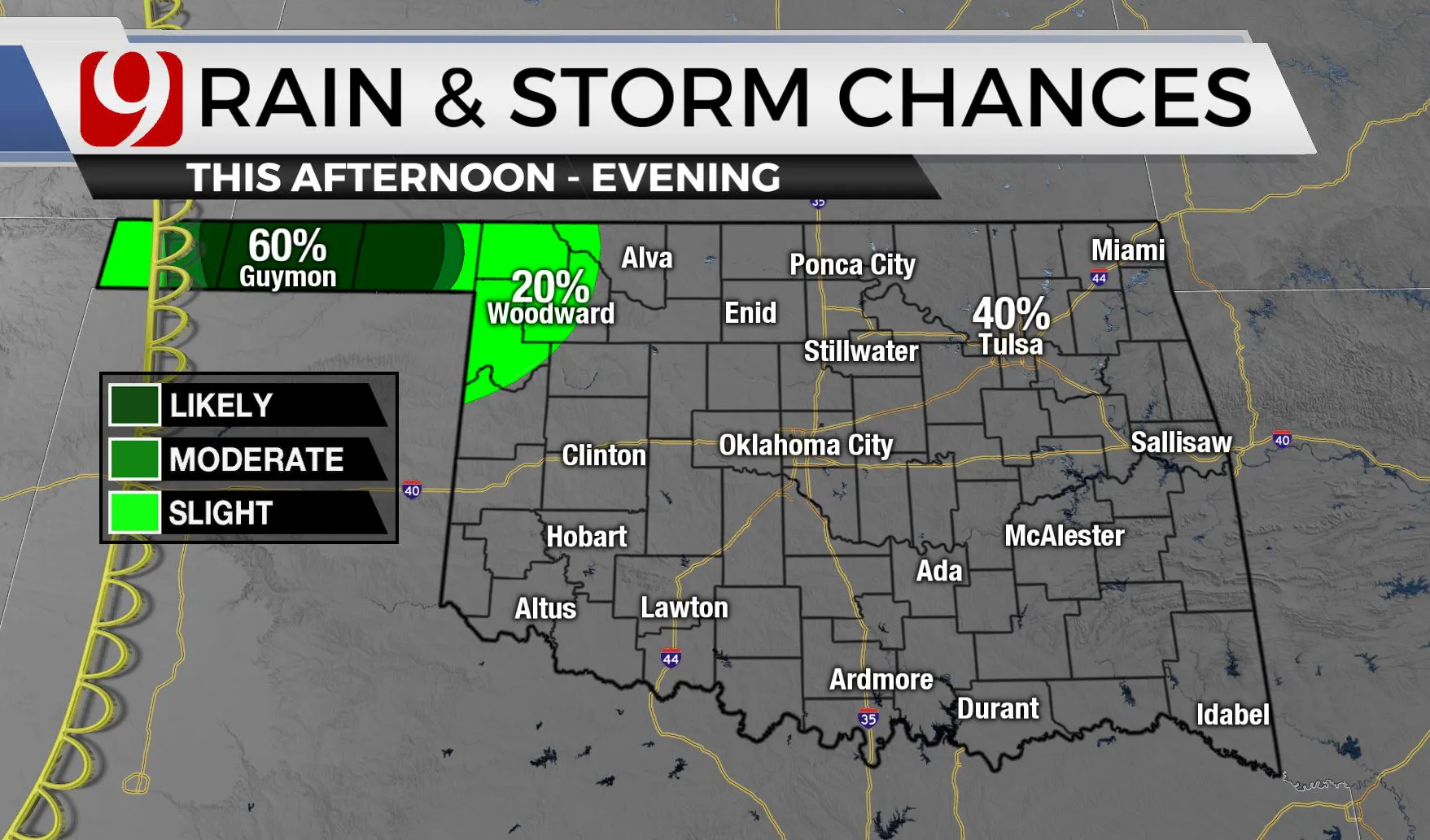 Rain and storm chances Thursday evening.