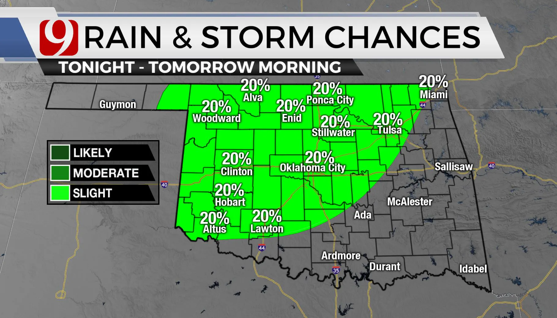 Rain and storm chances Thursday night.