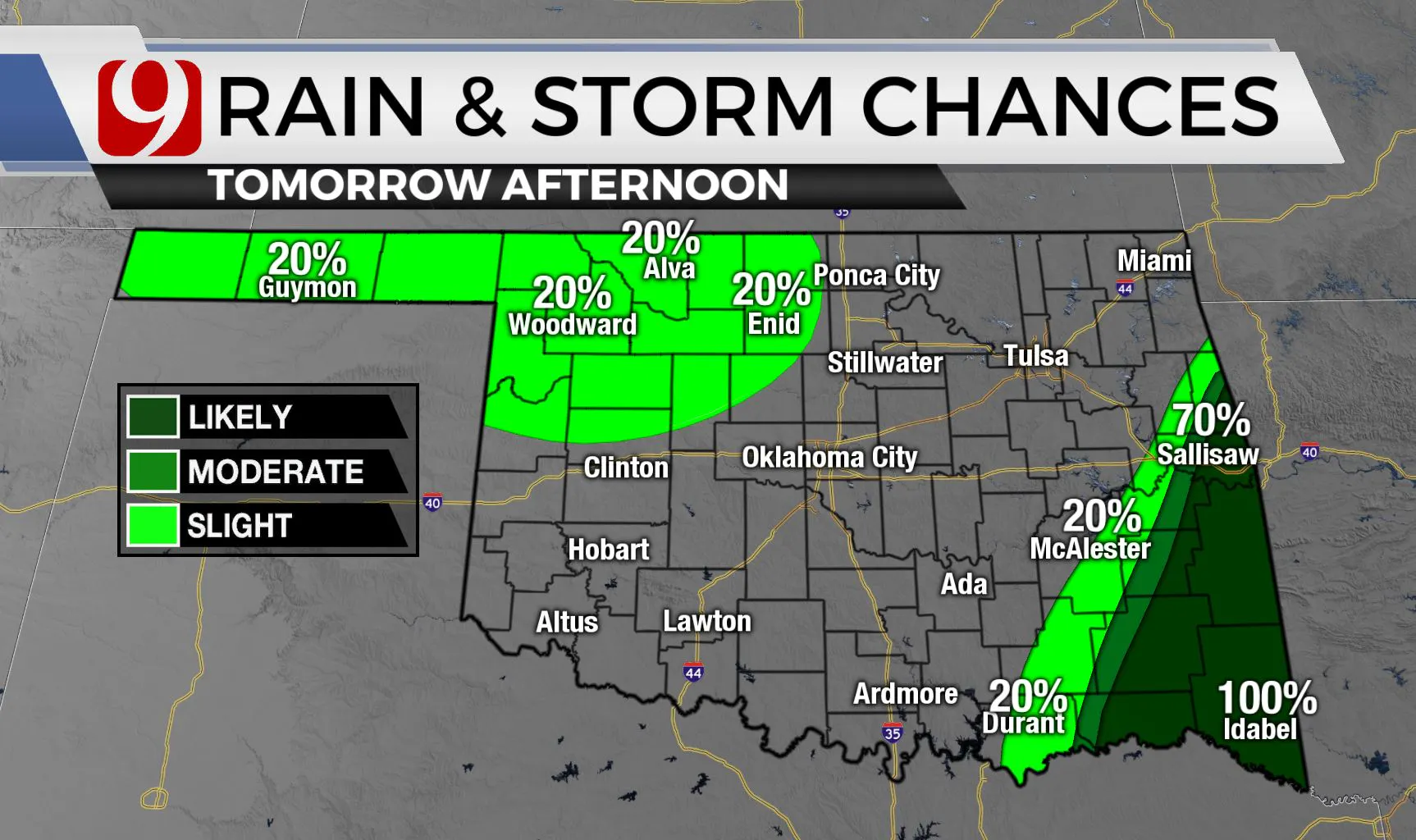 Rain and storm chances Saturday afternoon.