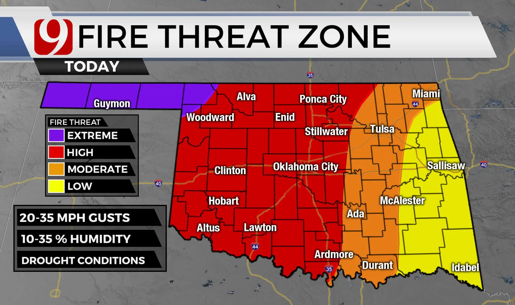 Fire threat zone on Monday.