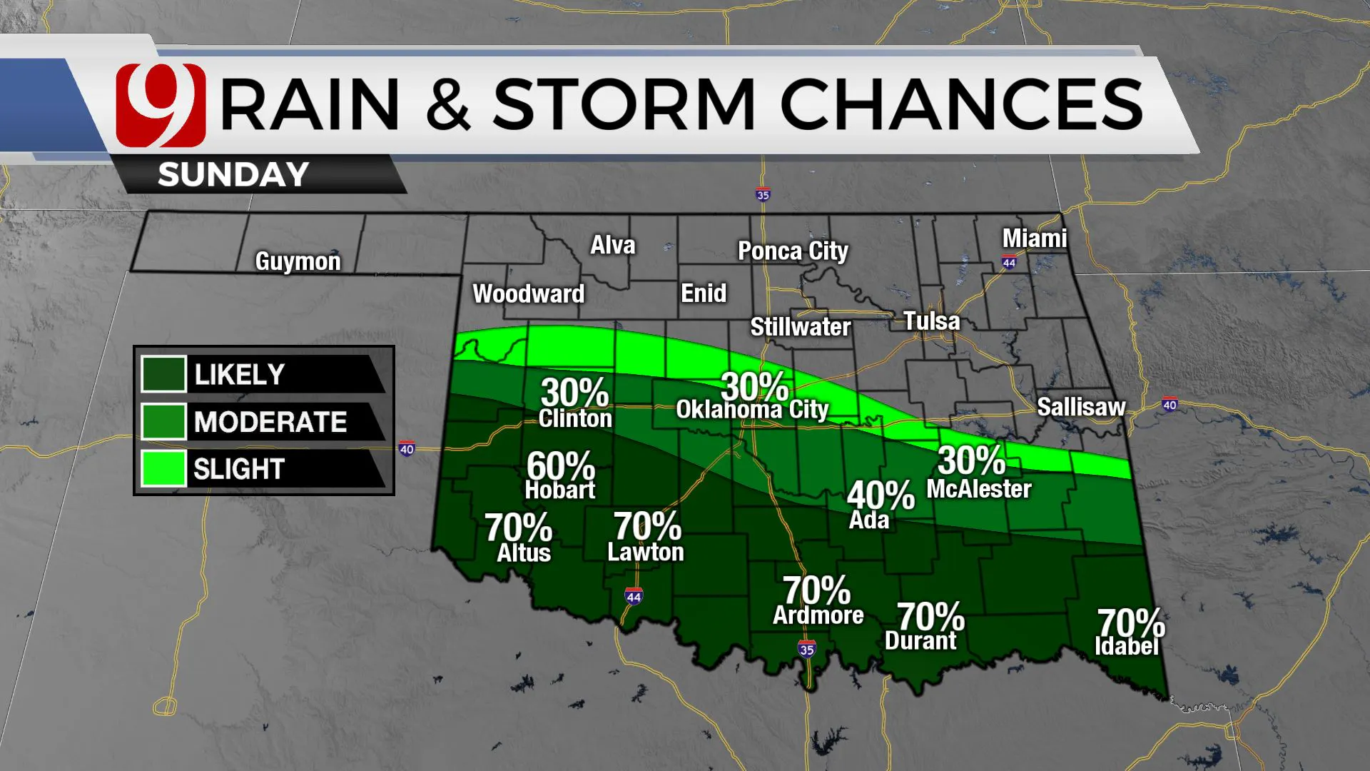 Rain and storm chances on Sunday.