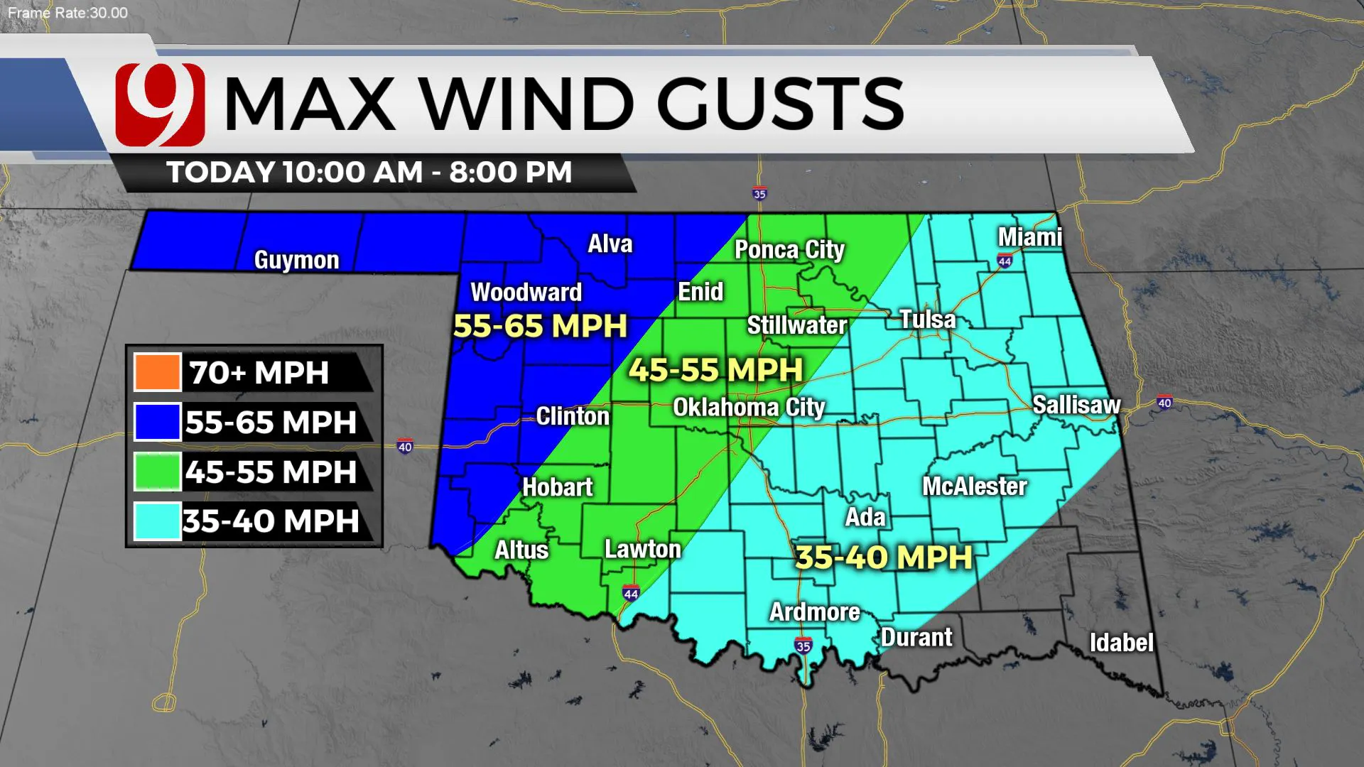 Maximum wind gusts on Tuesday.