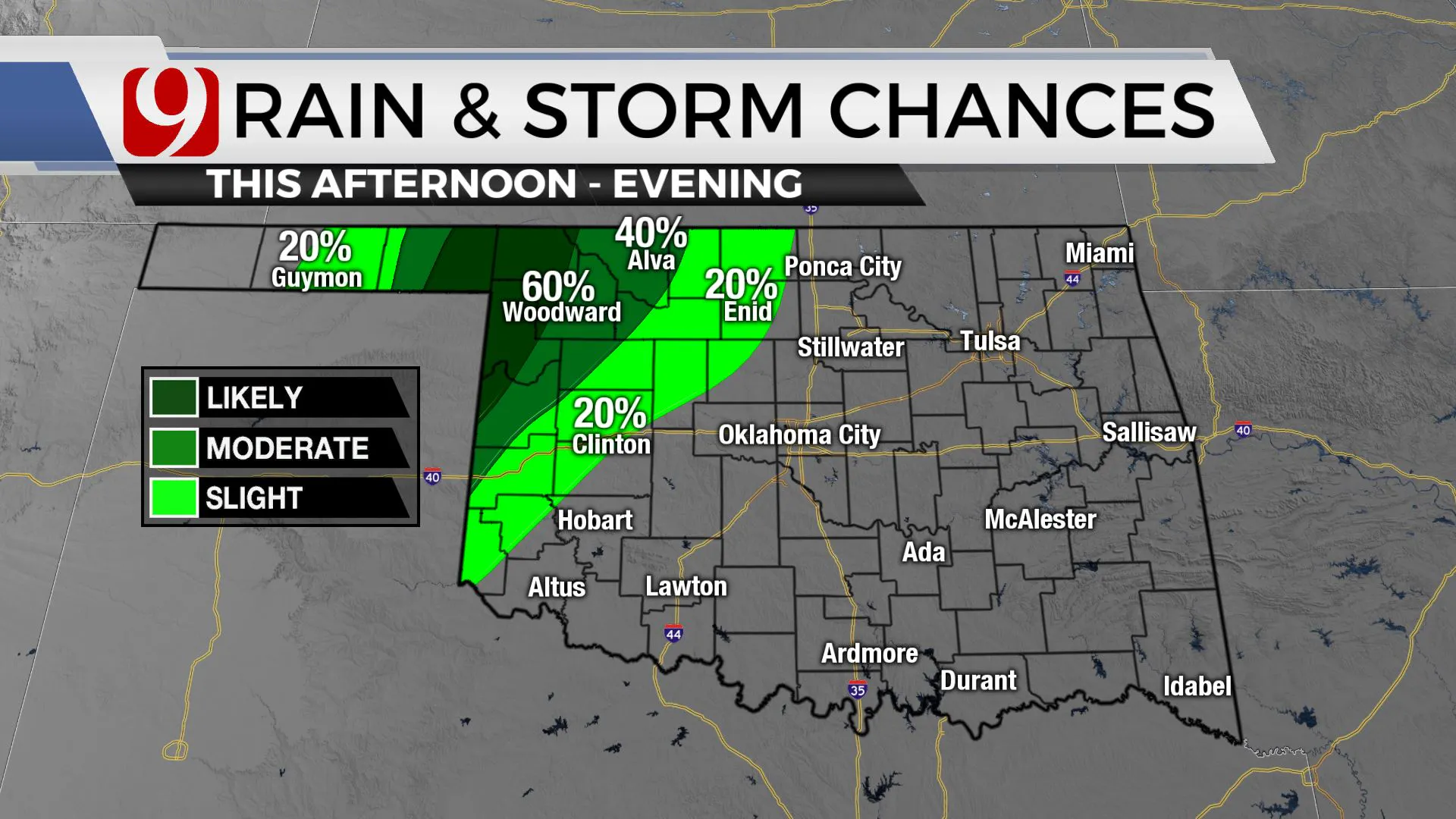 Rain and storm chances Friday afternoon.