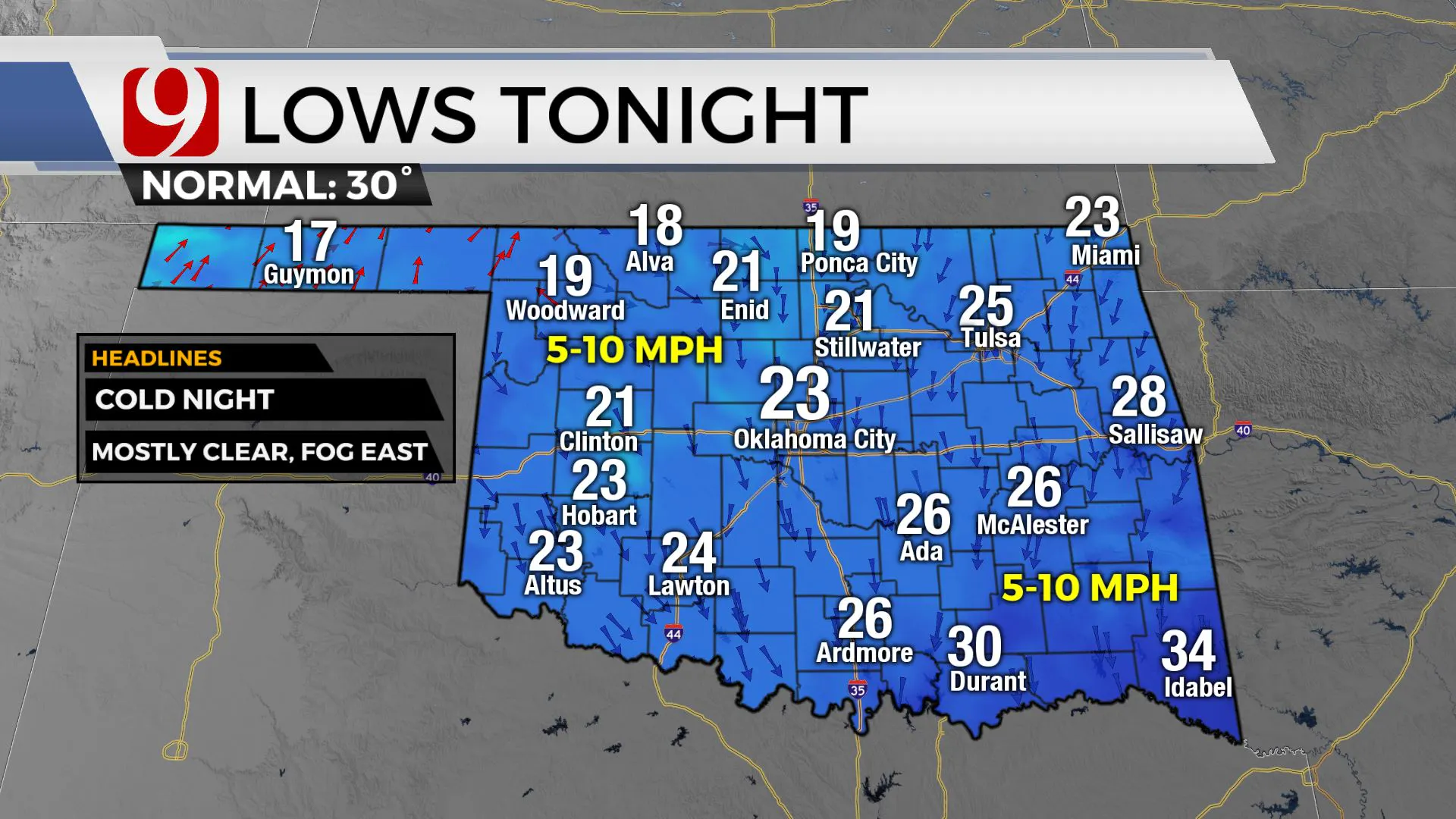Low temps for Friday night.