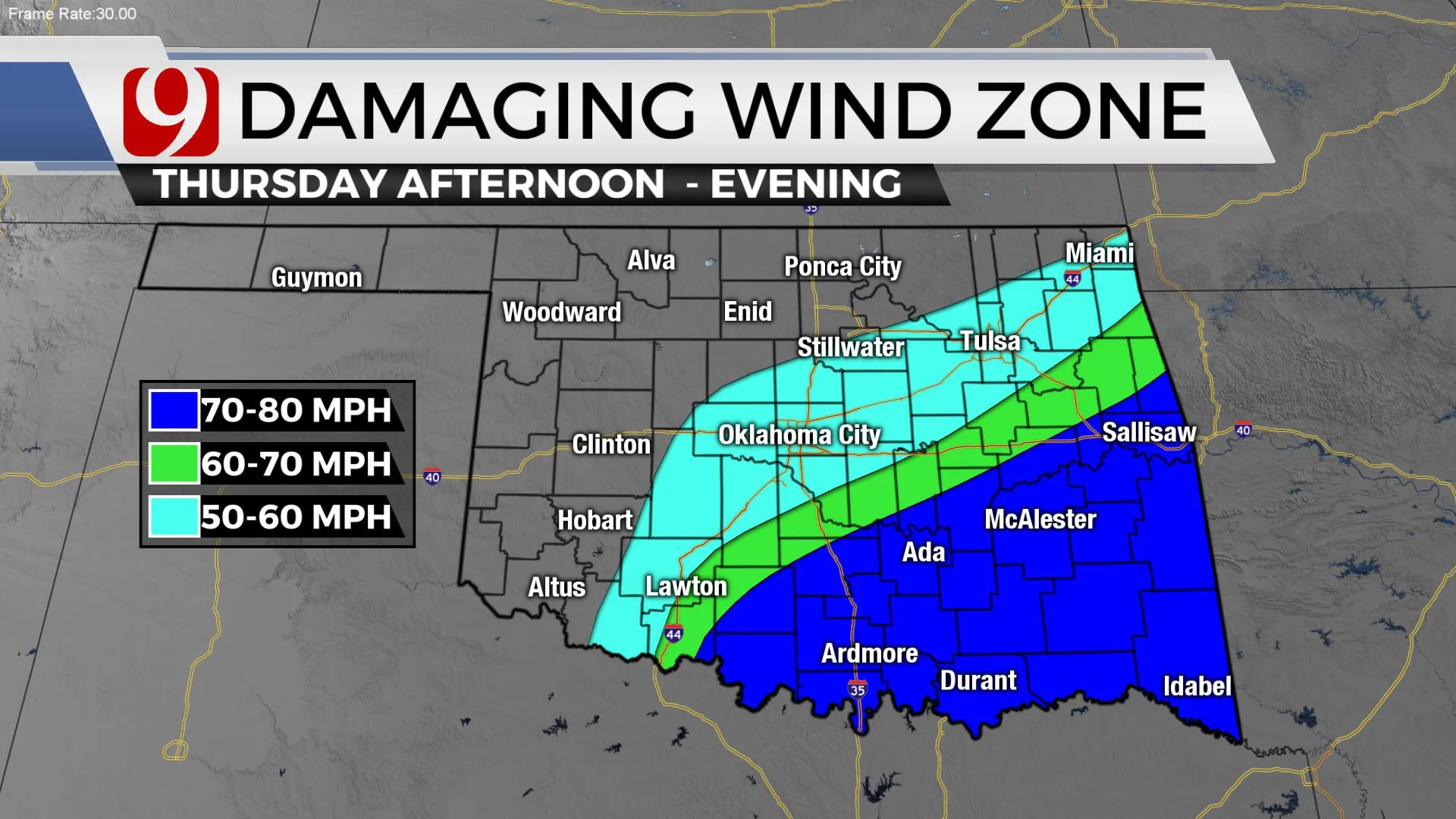 Damaging wind zone for Thursday.