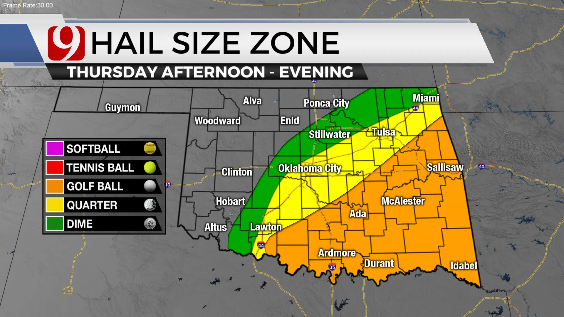 Hail size zone on Thursday.