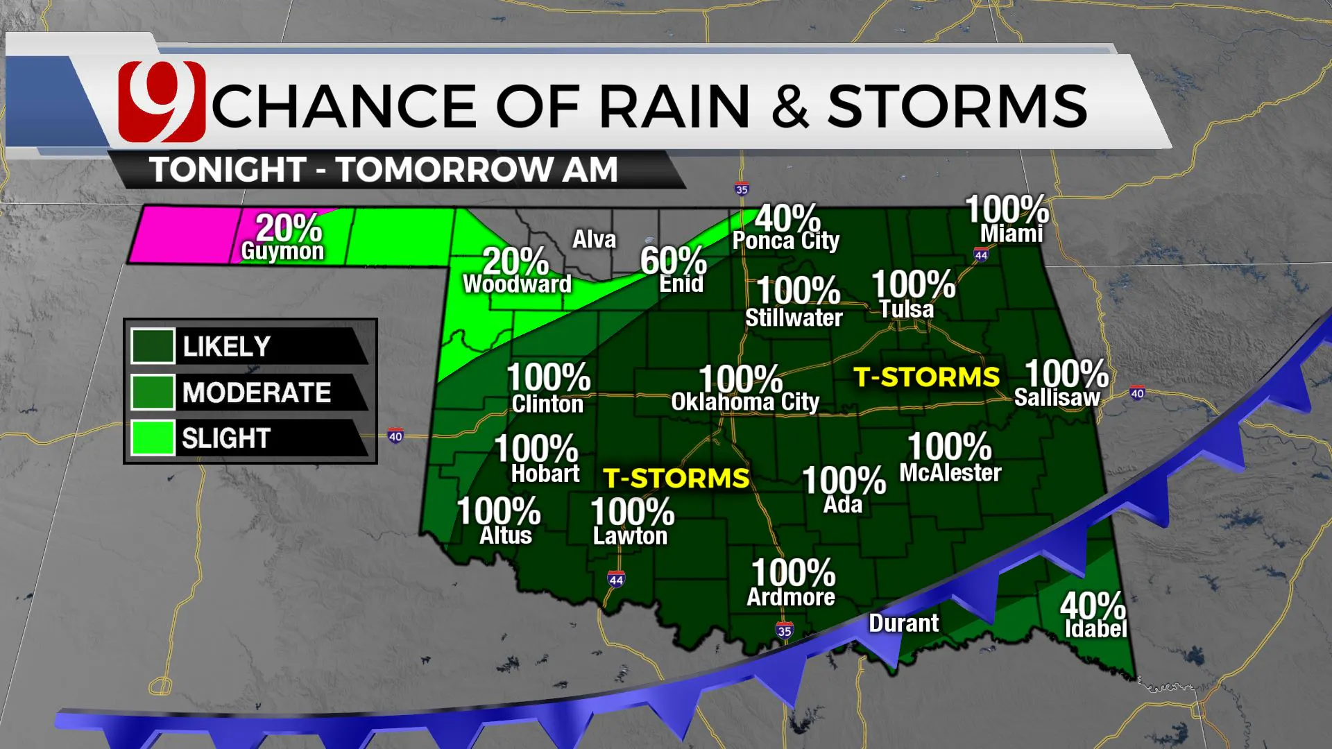 Chances of rain and storms from Monday through Tuesday.