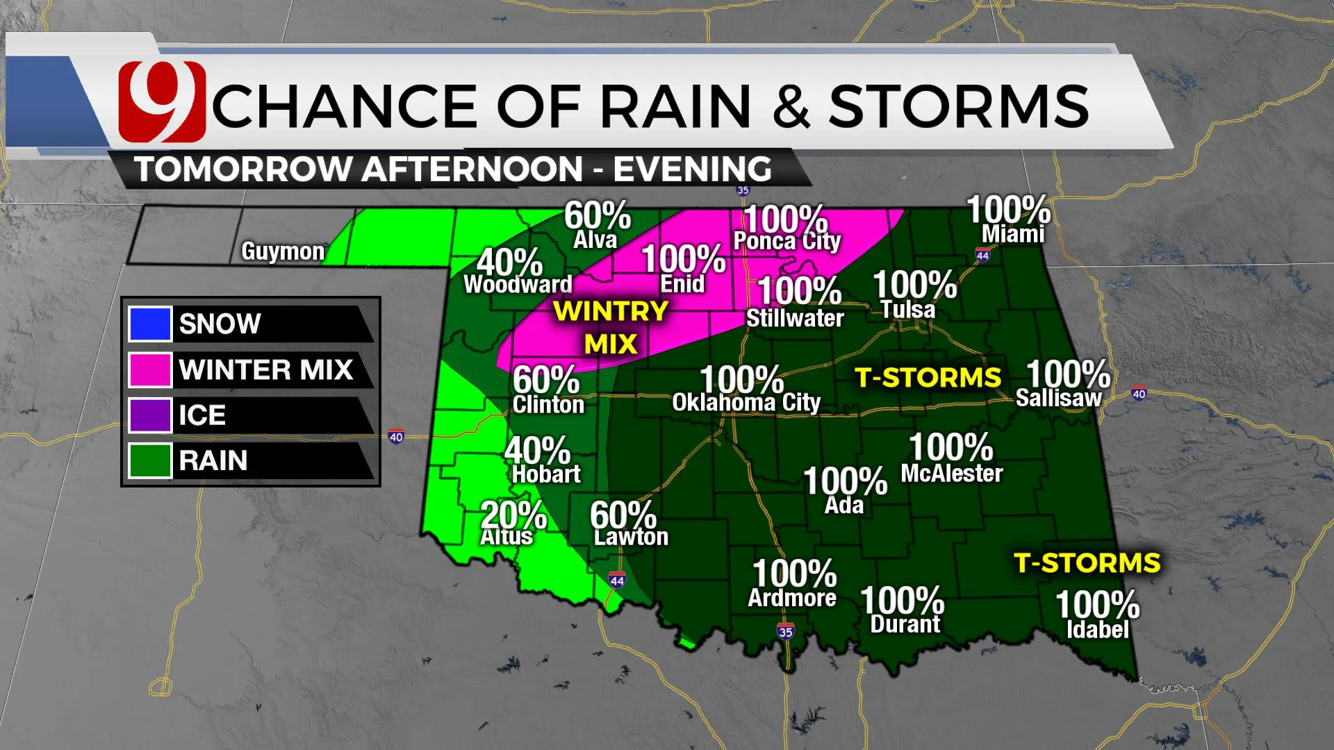Chances of rain and storms late Tuesday.