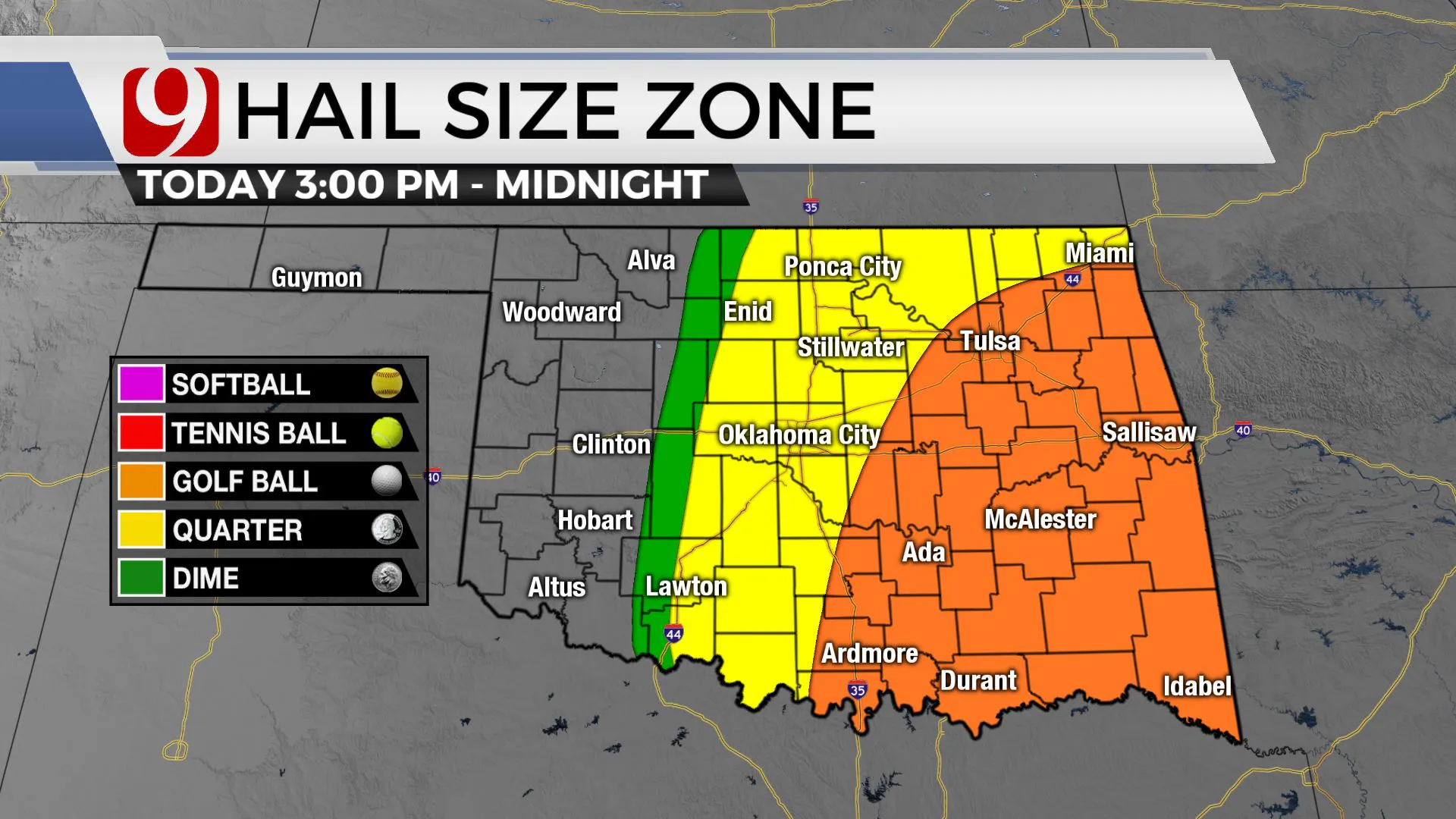 Hail size range Monday afternoon to evening.