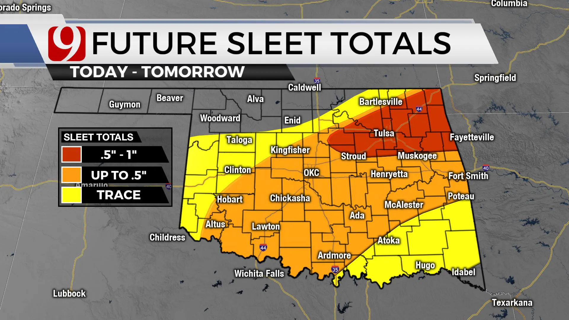 Future sleet totals in Oklahoma.