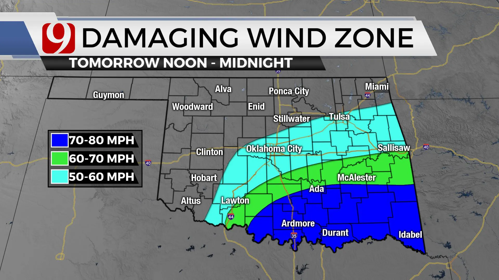 Damaging wind zone for Thursday.
