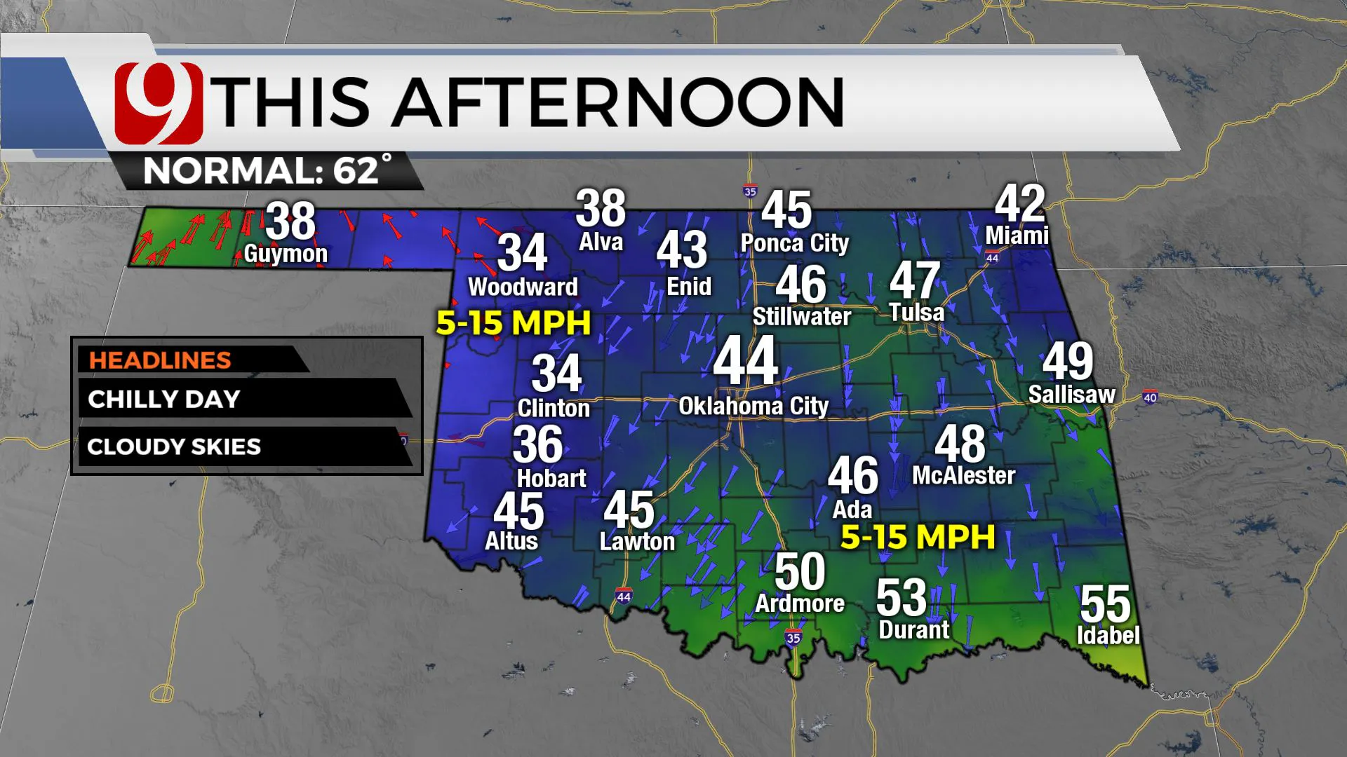 Temps across Oklahoma Monday afternoon.